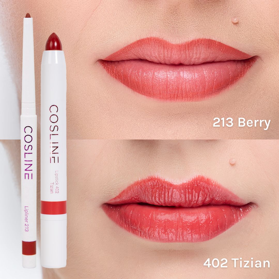 Vergleich von Cosline Lippenstift und Lipliner in den Farbtönen Berry und Tizian.