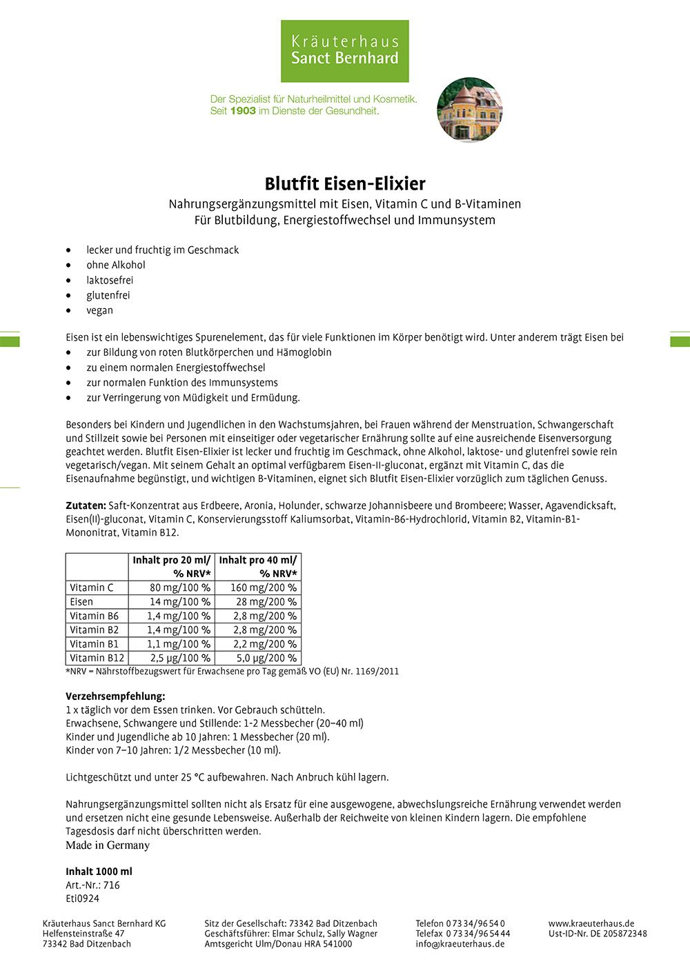 Drei Flaschen Sanct Bernhard Blutfit Eisen-Elixier. Etikett mit Produktname, Inhaltsstoffen und Logo. Rote Flüssigkeit.