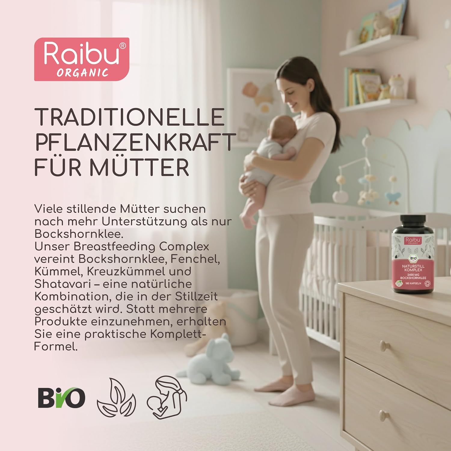 Frau mit Baby. Flasche mit Kapseln. Text: Traditionelle Pflanzenkraft für Mütter. Breastfeeding Complex mit Bockshornklee, Fenchel, Kümmel.