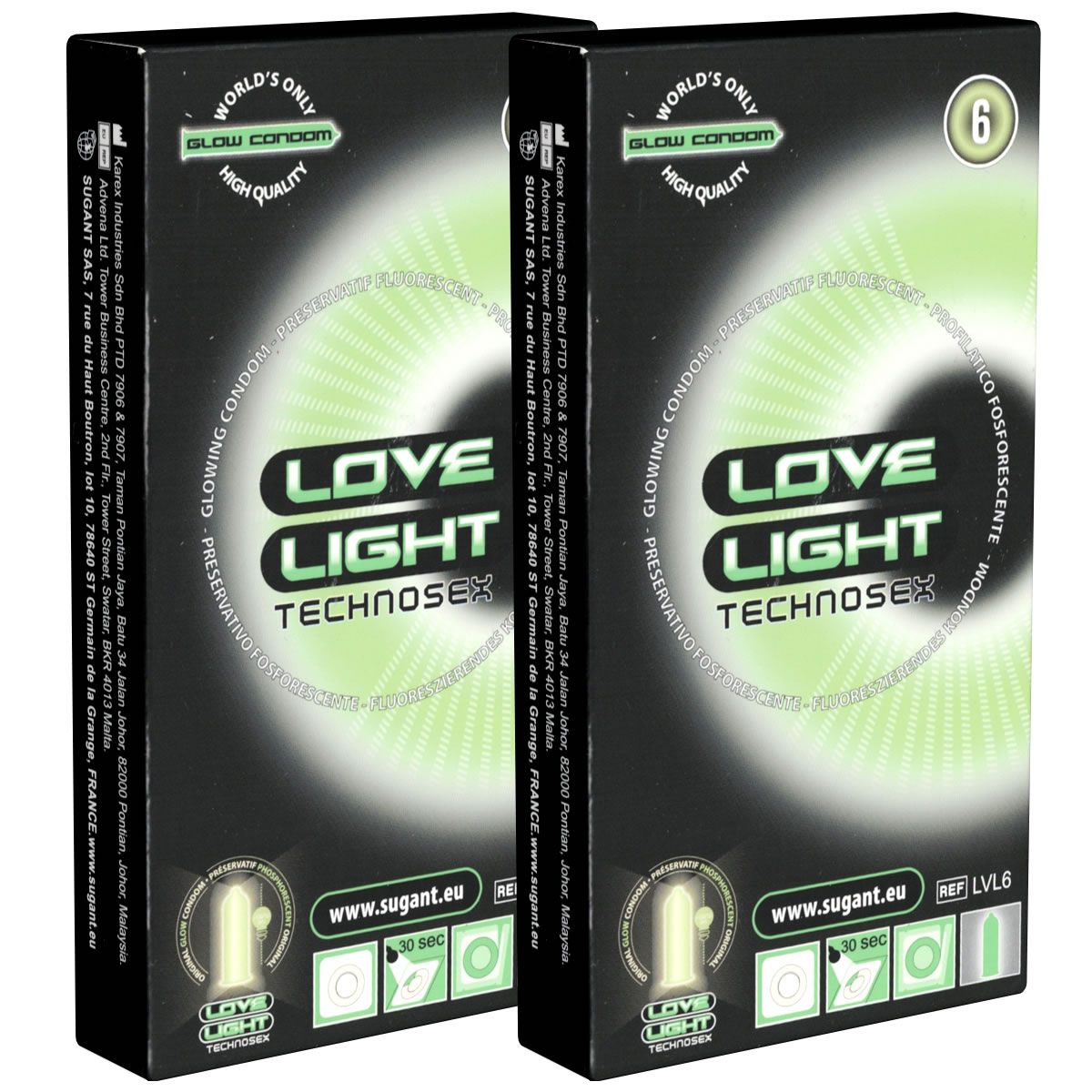 Zwei Schachteln mit Kondomen. Aufschrift: LOVE LIGHT TECHNOSex. Grün leuchtendes Design. Text: GLOW CONDOM, www.sugant.eu.