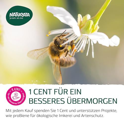 Biene auf einer Blüte. Naturata unterstützt Bienenschutzprojekte mit 1 Cent pro Kauf.