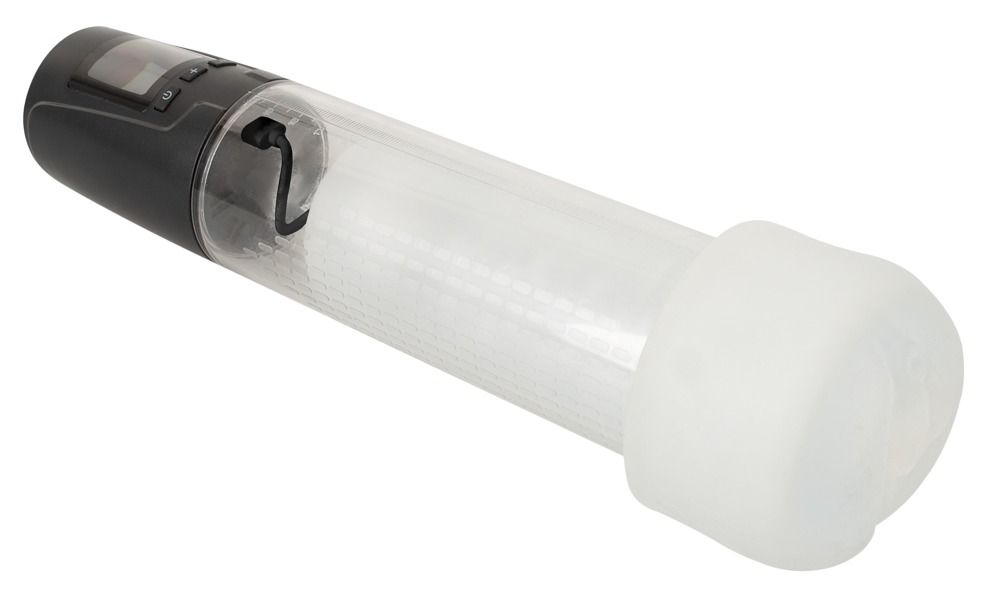 Automatische Penispumpe. Zylinder mit Manschette. Schwarzes Oberteil mit Digitalanzeige. Transparenter Zylinder. Manschette aus weißem Material.