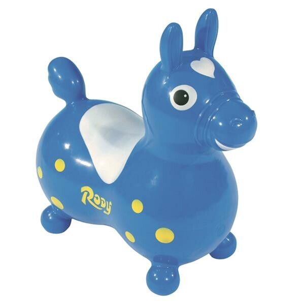 Blaues Gymnic® Cavallo Rody. Aufblasbares Spielpferd mit gelben Punkten. Ohren, Schwanz und vier Füße. Rody-Schriftzug.