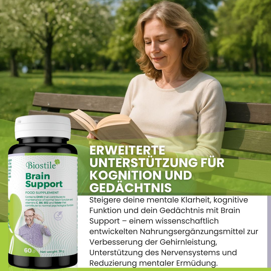 Frau liest Buch im Park. Daneben eine Dose Biostile Brain Support. Text auf Deutsch.