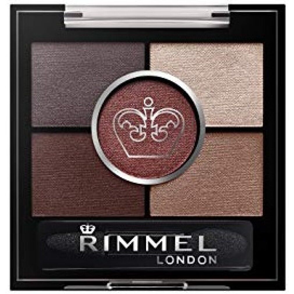 Lidschatten-Palette mit fünf Farben. Rimmel London Logo und Applikator. Braune und beige Farbtöne.