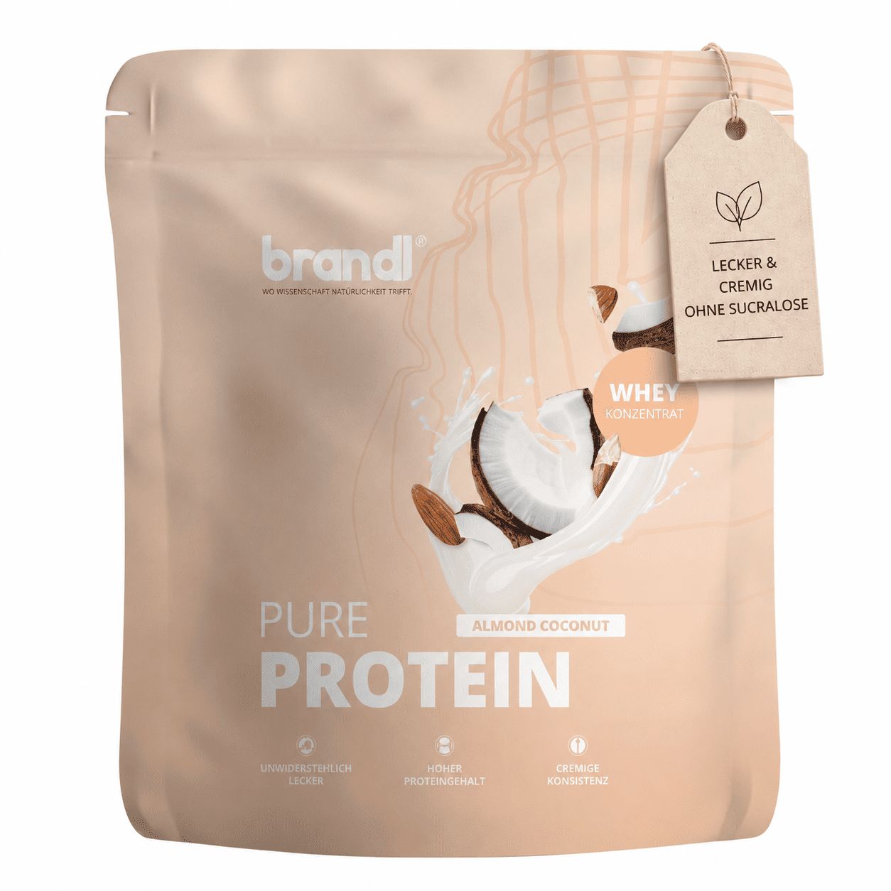 Ein Beutel brandl® Pure Protein, Mandel Kokosnuss Geschmack. Mit Etikett: Lecker & cremig ohne Sucralose.