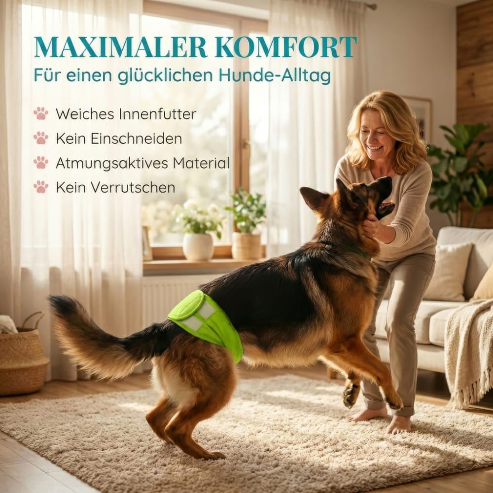 Ein Hund trägt eine grüne Windel. Eine Frau spielt mit dem Hund. Text: Maximaler Komfort.