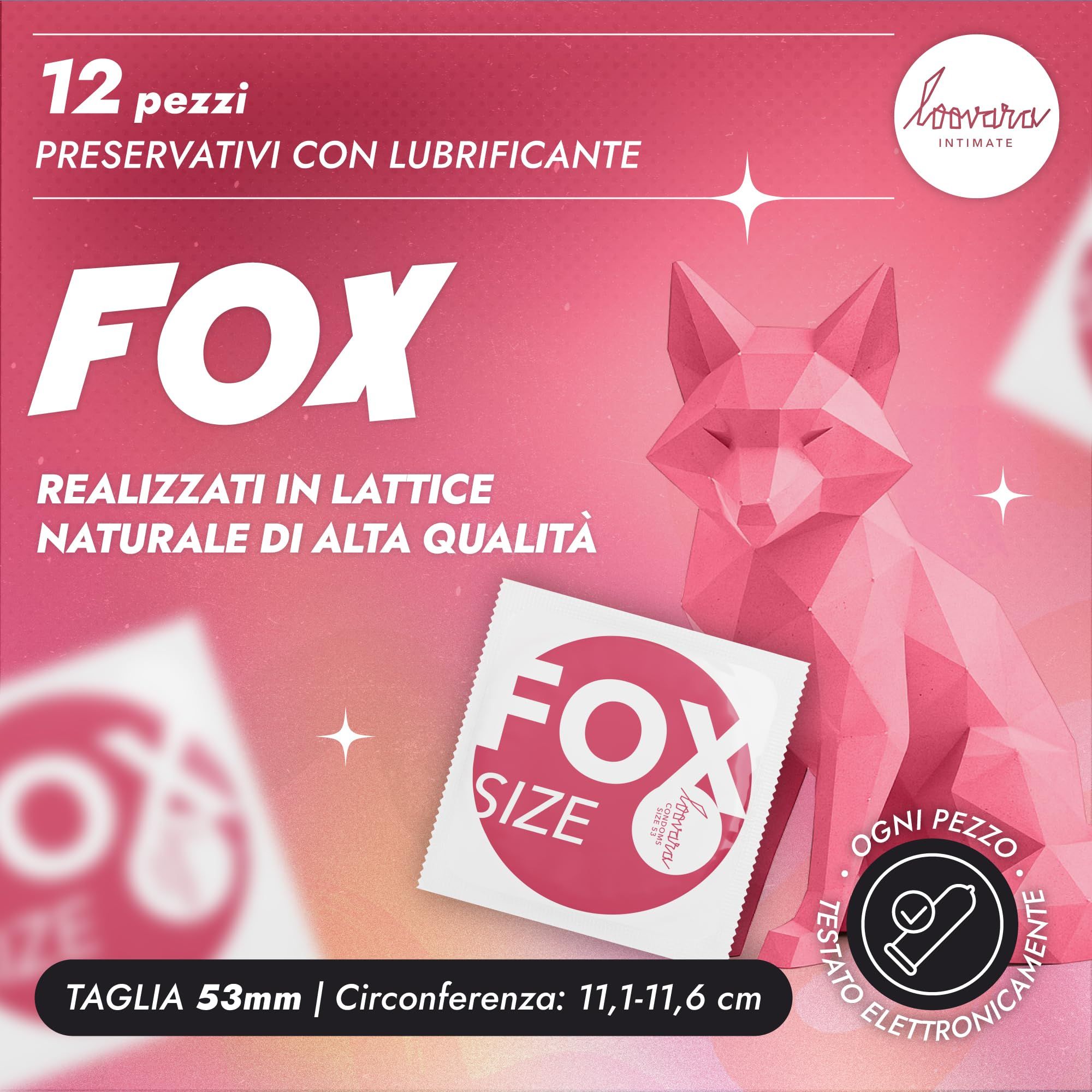 12 Loovara Fox Kondome, Größe 53mm, mit Schmiermittel. Packung mit geometrischem Fuchs.