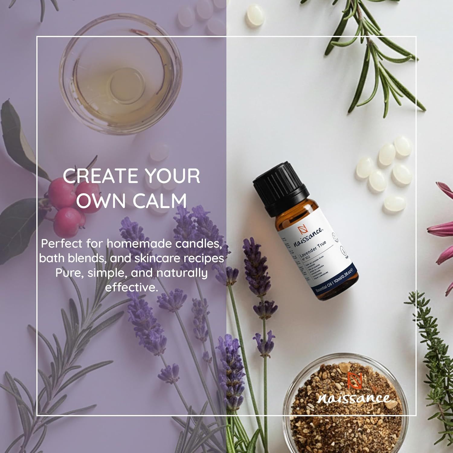 Ätherisches Lavendelöl neben Zutaten. Naissance Logo. Text: Create your own calm. Perfekt für hausgemachte Kerzen, Bademischungen.