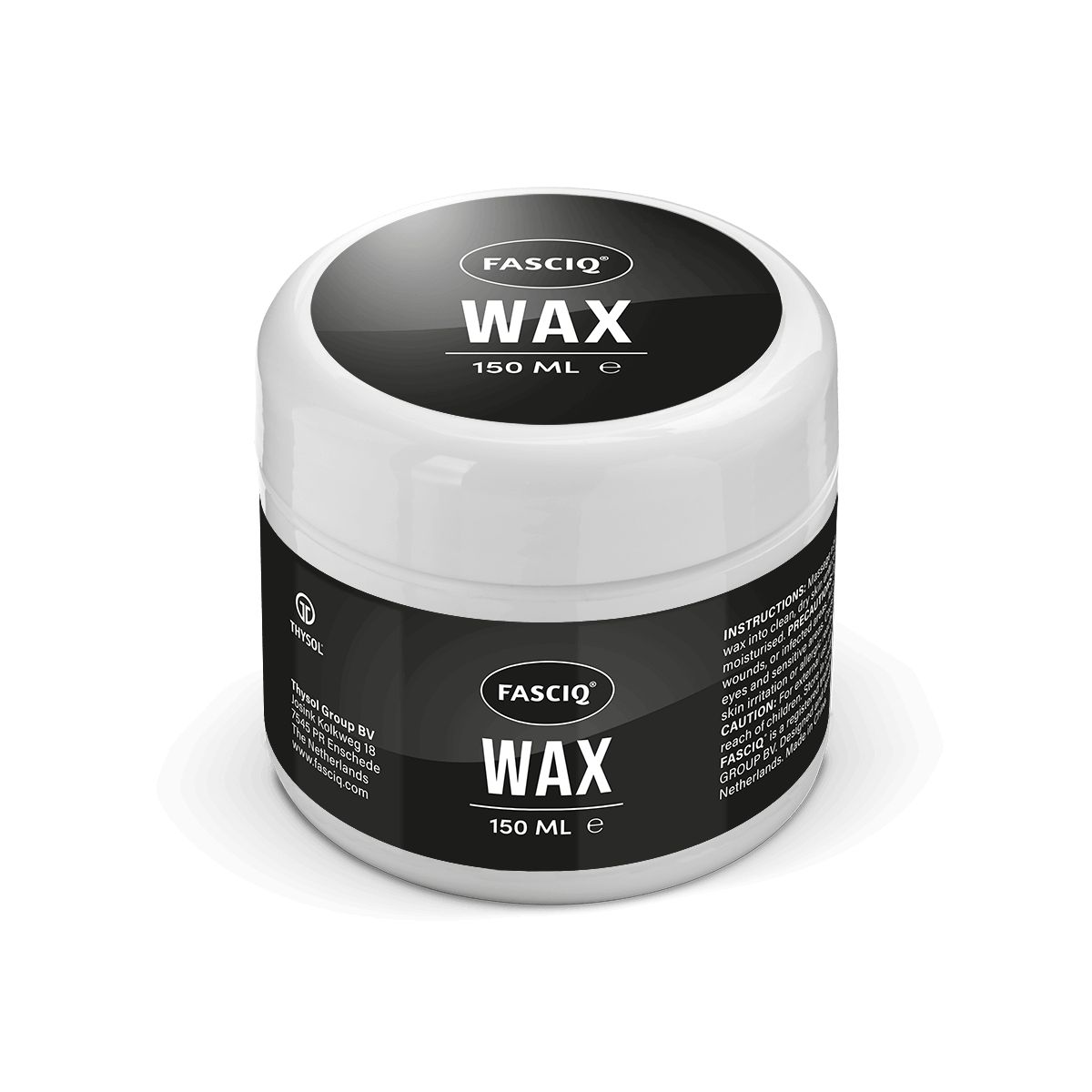 Weißer Tiegel mit FASCIQ WAX. Schwarzes Etikett mit Produktname und 150 ml. Geschlossener Deckel.