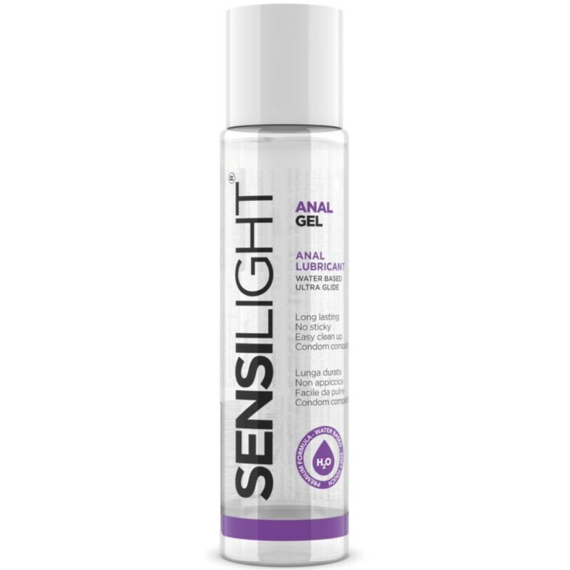 Flasche mit Sensilight Anal Gel, Wasserbasis, ultra gleitfähig, nicht klebrig, leicht zu reinigen, Kondom-kompatibel.