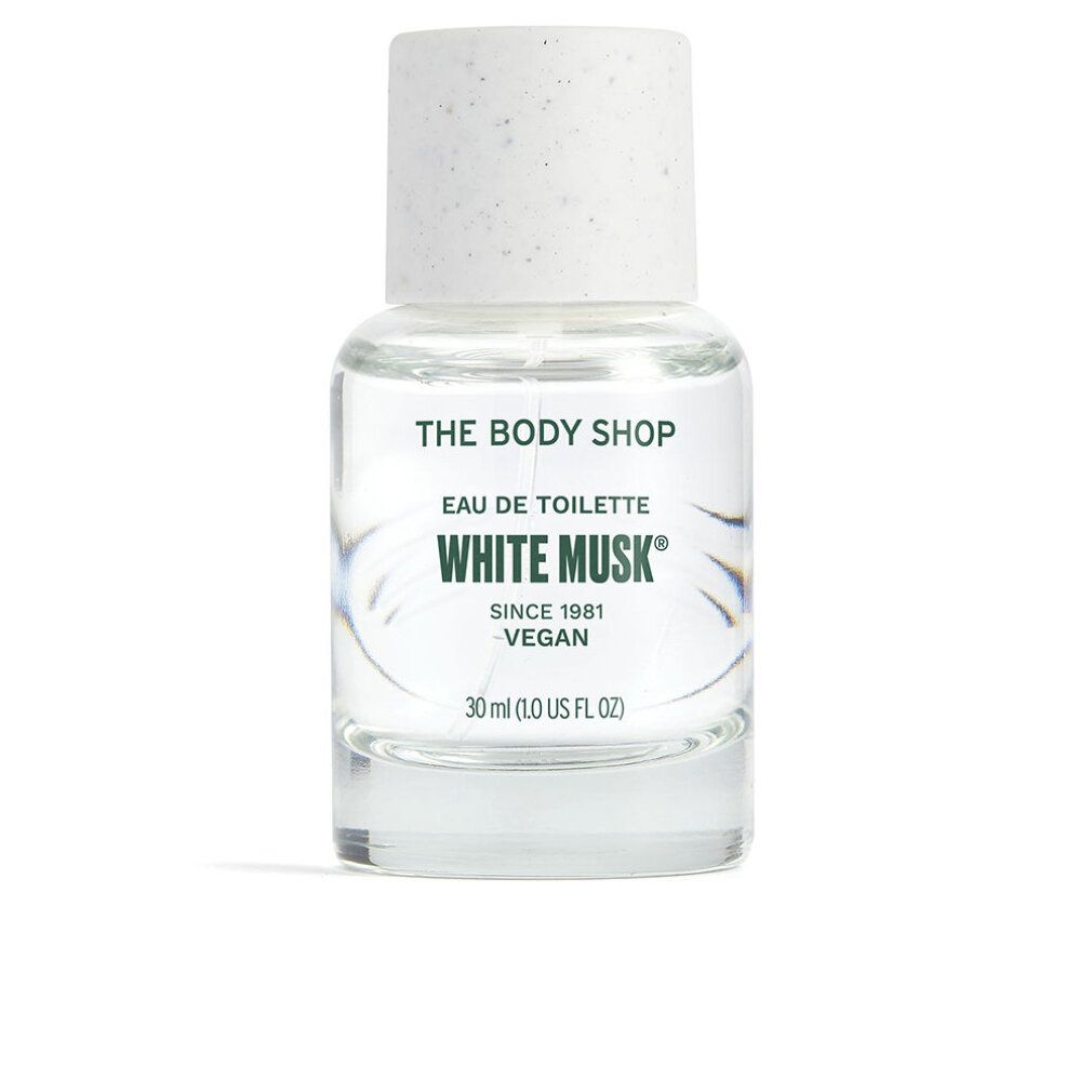 Klarer Glasflakon mit weißem Deckel. Aufschrift: "THE BODY SHOP", "WHITE MUSK", "EAU DE TOILETTE", "VEGAN".