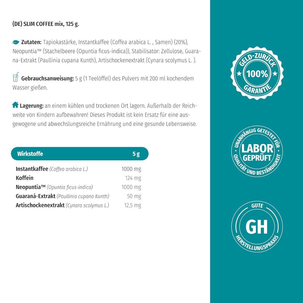 Text mit Inhaltsstoffen und Nährwerten von Slim Coffee. Laborgeprüft, 100% Garantie, GH-Zertifizierung. Zutaten: Instantkaffee, Koffein, Neopuntia.