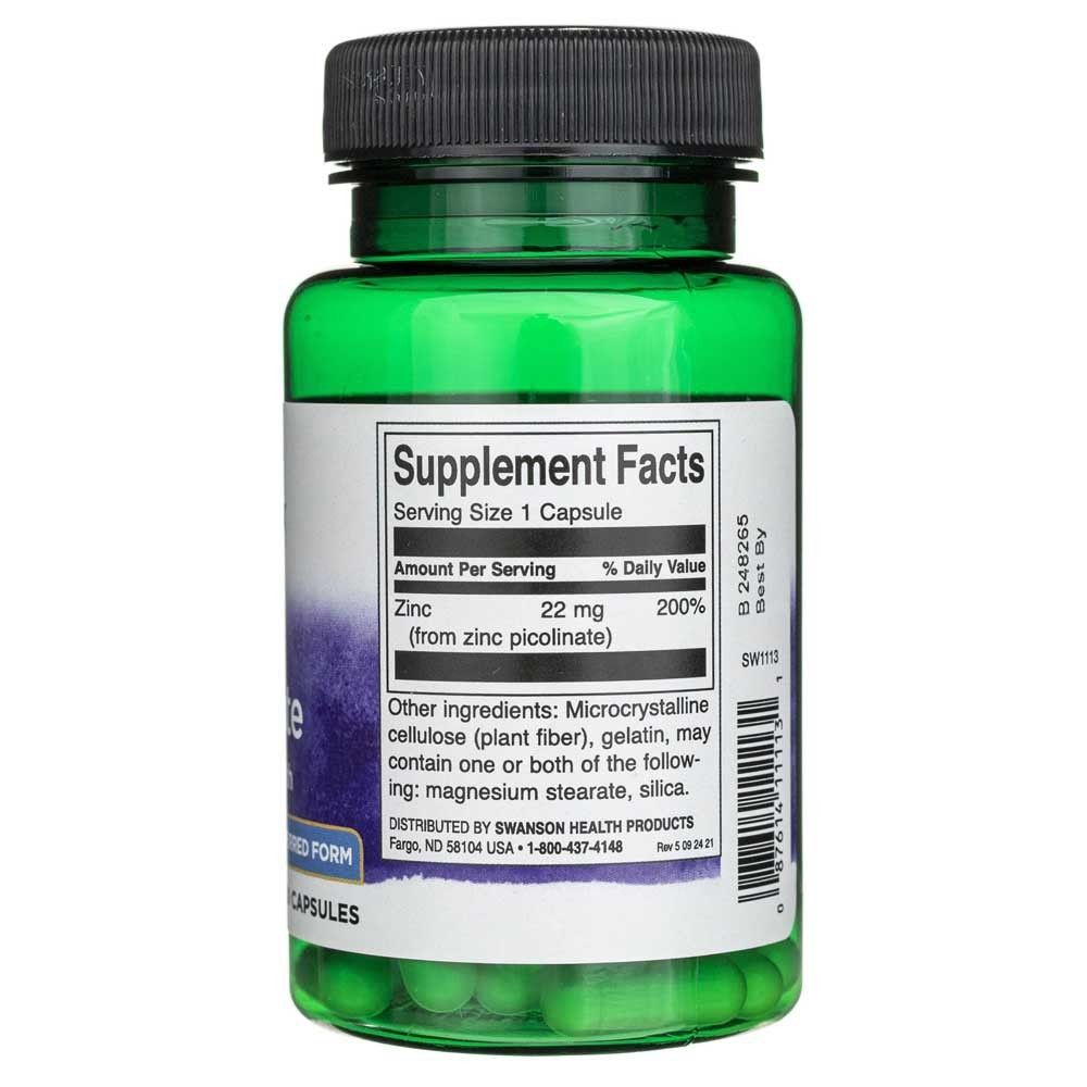 Grüne Flasche mit Zinkpicolinat-Kapseln. Supplement Facts zeigen 22 mg Zink pro Kapsel.