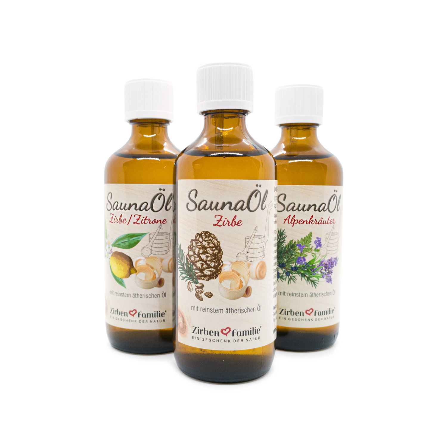 ZirbenFamilie | 3er SPAR Set SaunaÖl Zirbe, Zirbe & Zitrone, Alpenkräuter