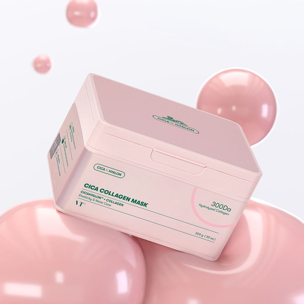 Rosa Box mit Cica Collagen Maske. Text: Cica Collagen Mask, 300Da.