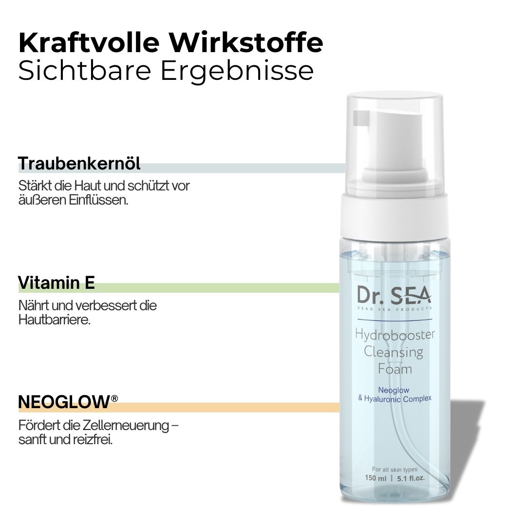 Produktflasche mit Text und Infografik. Text: Kraftvolle Wirkstoffe. Inhaltsstoffe: Traubenkernöl, Vitamin E, Neoglow.