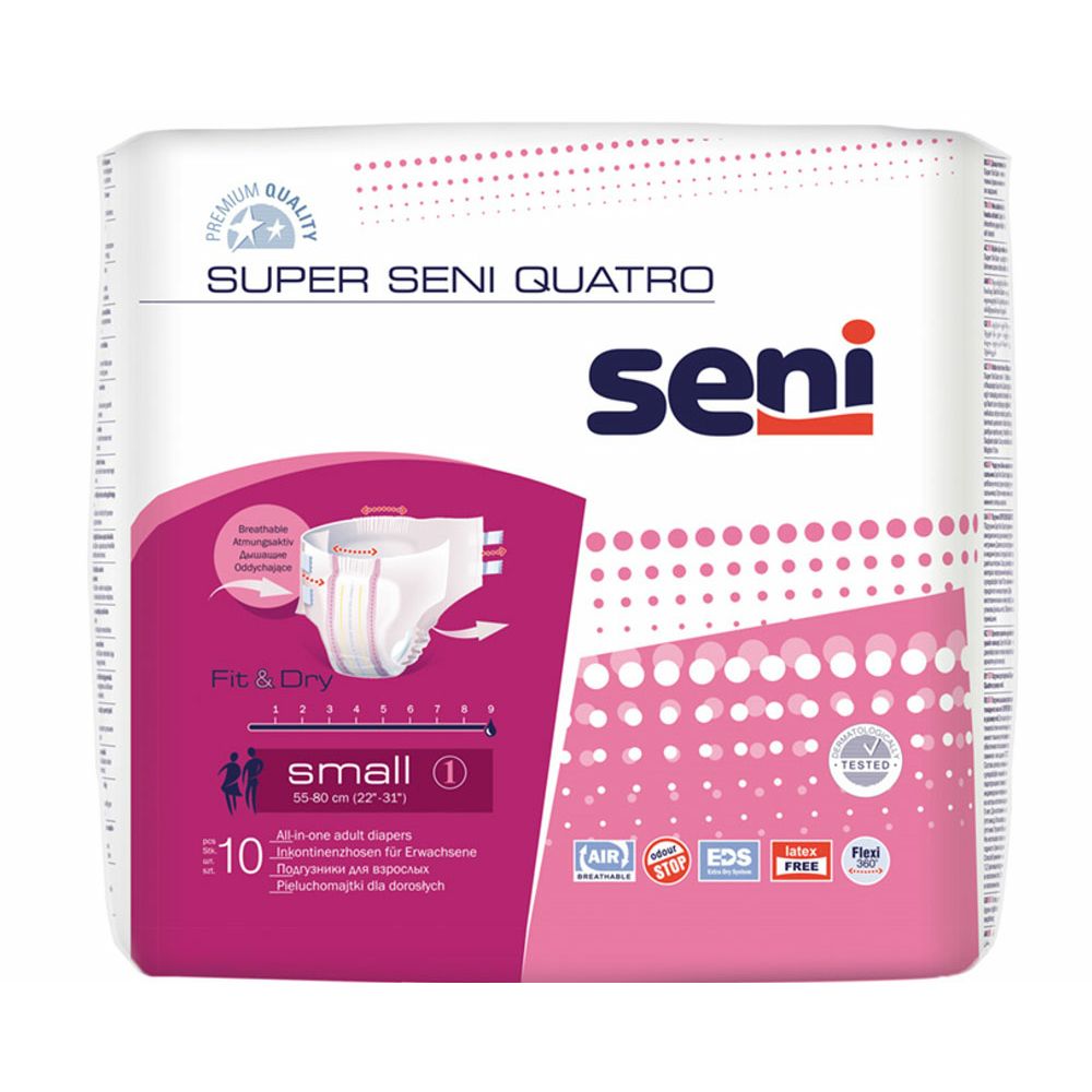 Verpackung Super Seni Quatro, rosa-weiß. Aufdrucke: Seni, Fit & Dry, Small, 10 Stück. Zertifizierungen.