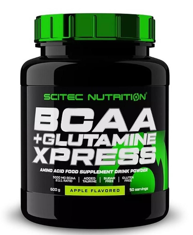 Schwarze Dose mit grünem Deckel. Aufschrift: Scitec Nutrition BCAA + Glutamine Xpress. Apfelgeschmack. 50 Portionen.