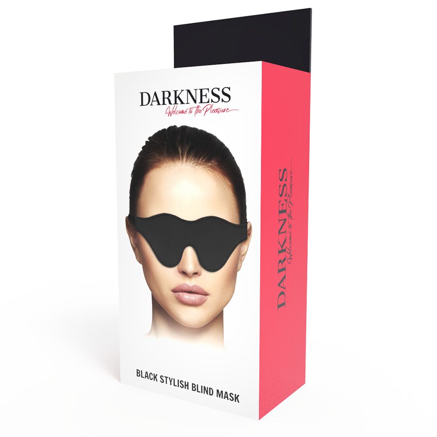 Verpackung mit schwarzer Augenmaske. Logo "DARKNESS" und Frauengesicht. Text: "Black Stylish Blind Mask".