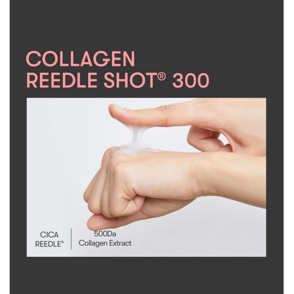 Hände mit Produkt. Text: COLLAGEN REEDLE SHOT 300, CICA REEDLE, 500Da Collagen Extract.