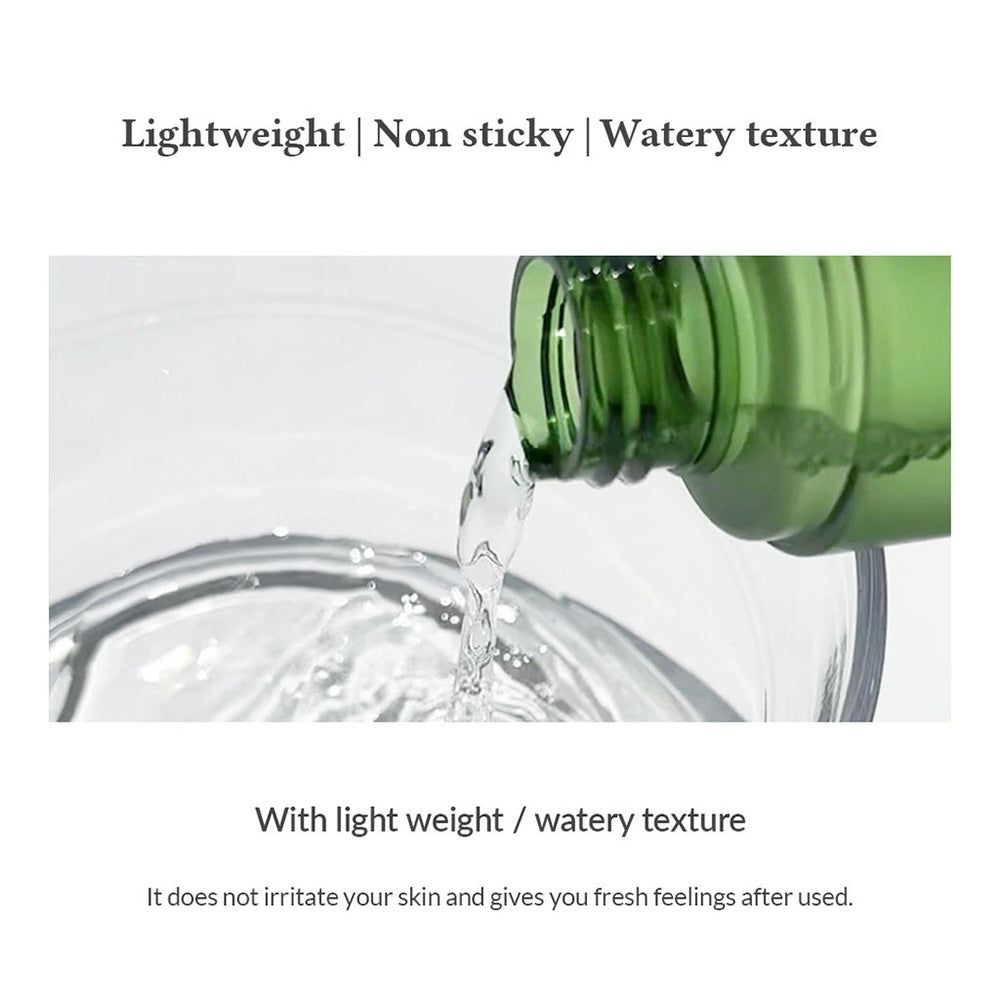 Grüne Flüssigkeit wird in ein Glas gegossen. Text: Lightweight | Non sticky | Watery texture. Mit leichter/wässriger Textur.