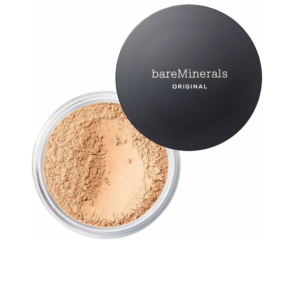 Offene Dose mit hellem Puder. Schwarzer Deckel mit "bareMinerals ORIGINAL" Schriftzug.
