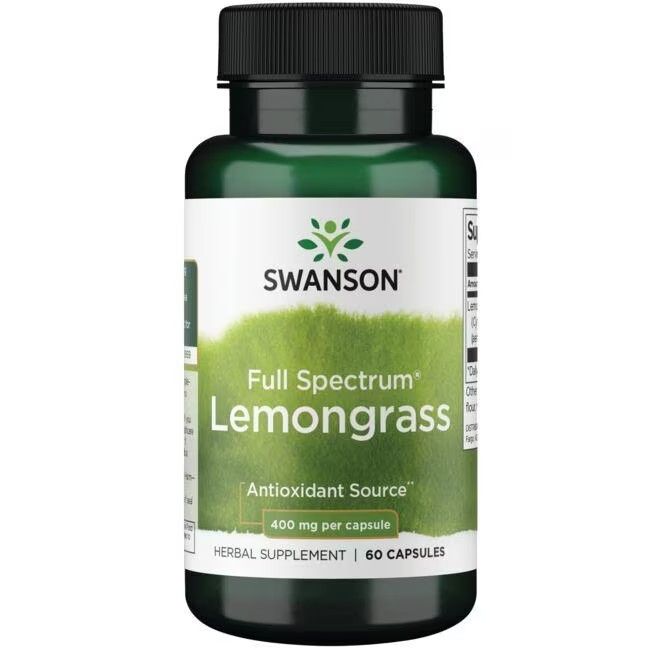 Grüne Flasche mit schwarzem Deckel. Aufschrift: SWANSON Zitronengras 400 mg. 60 Kapseln. Antioxidans.