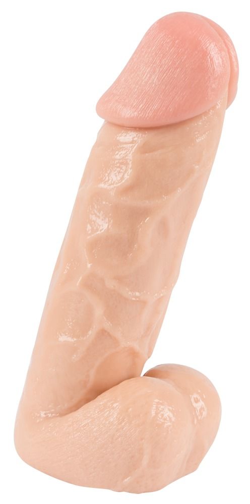 Beigefarbener Dildo mit rosa Spitze. Die Oberfläche weist eine strukturierte Oberfläche auf. Das Produkt ist freigestellt.