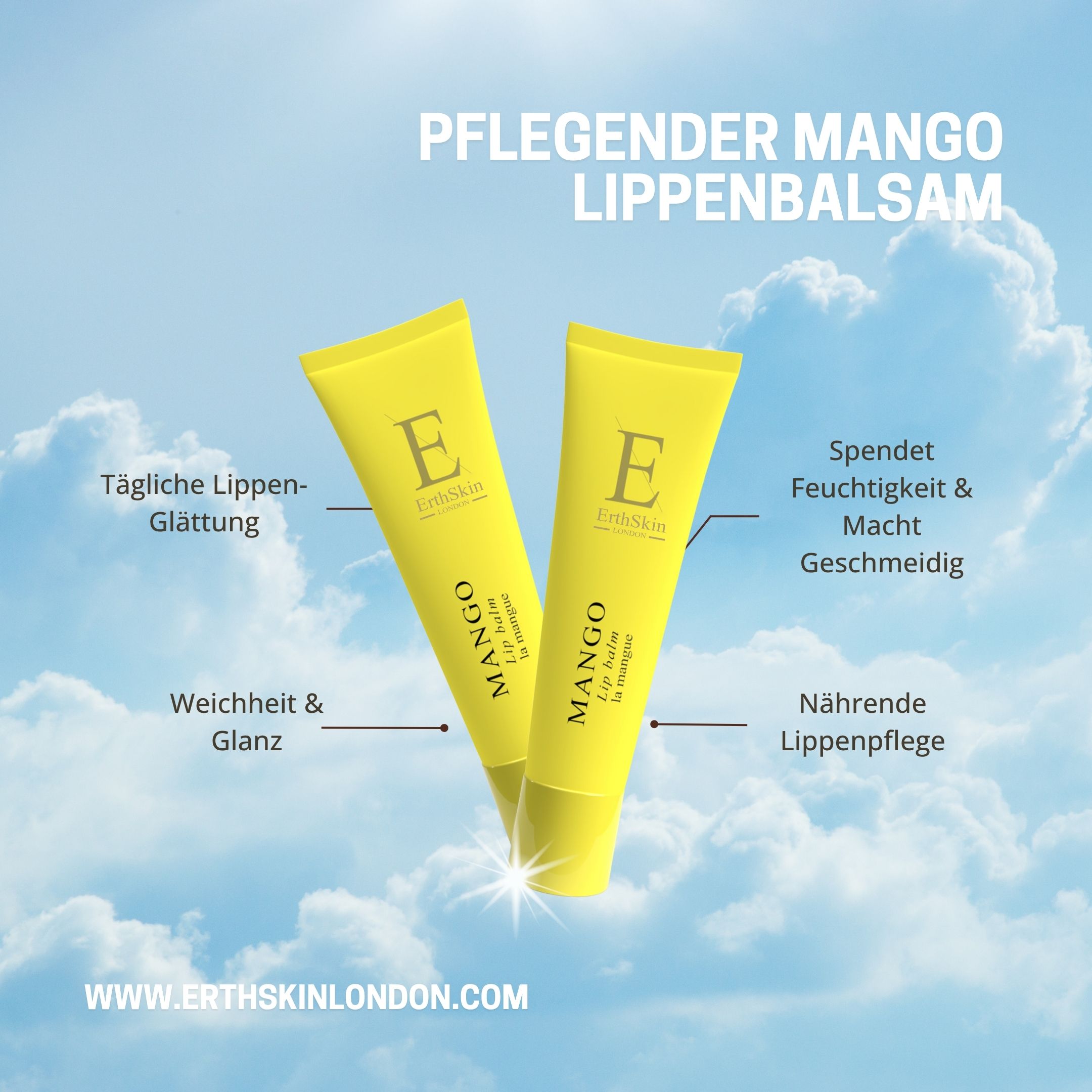Zwei gelbe Lippenbalsam-Tuben. Text: Mango, ErthSkin London. Textfelder: Glättung, Feuchtigkeit, Weichheit, Pflege.
