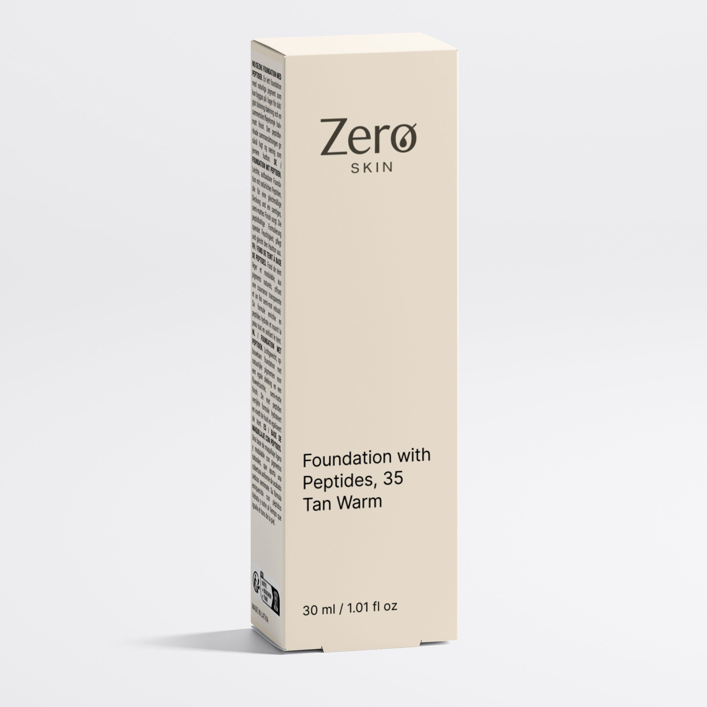 Beige Kartonverpackung für Zero Skin Foundation mit Peptiden, Farbton 35 Tan Warm, 30 ml.