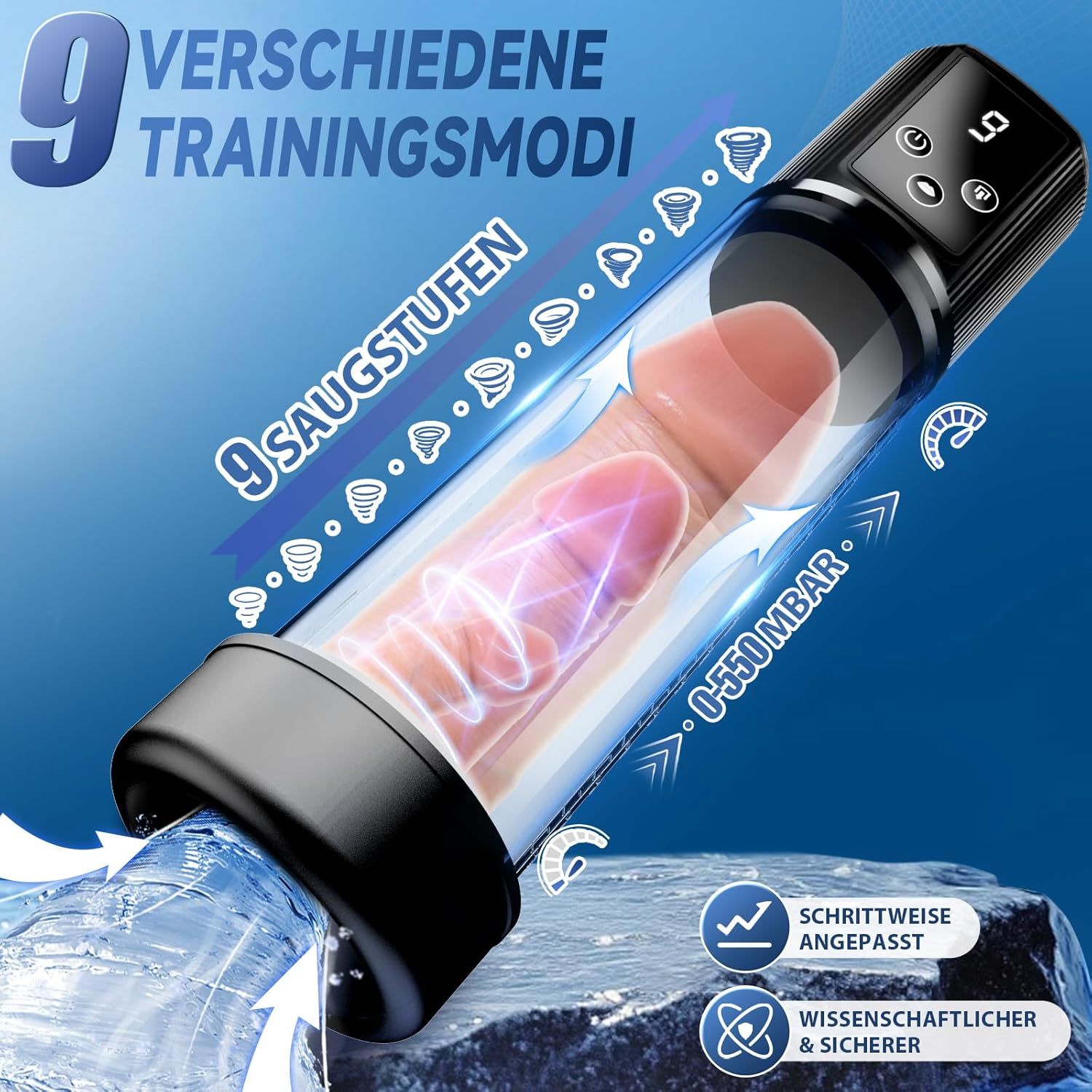Vakuumpumpe mit digitalem Display, 9 Saugstufen, 0-550 mbar. Transparentes Zylindergehäuse mit eingezeichnetem Penis.