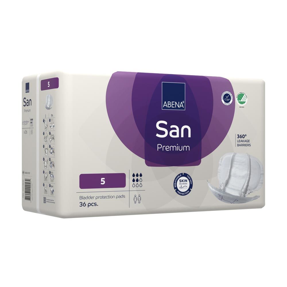 Verpackung mit "ABENA San Premium" und "5". 36 Stück. Vorlage daneben. Logo und Zertifizierung.