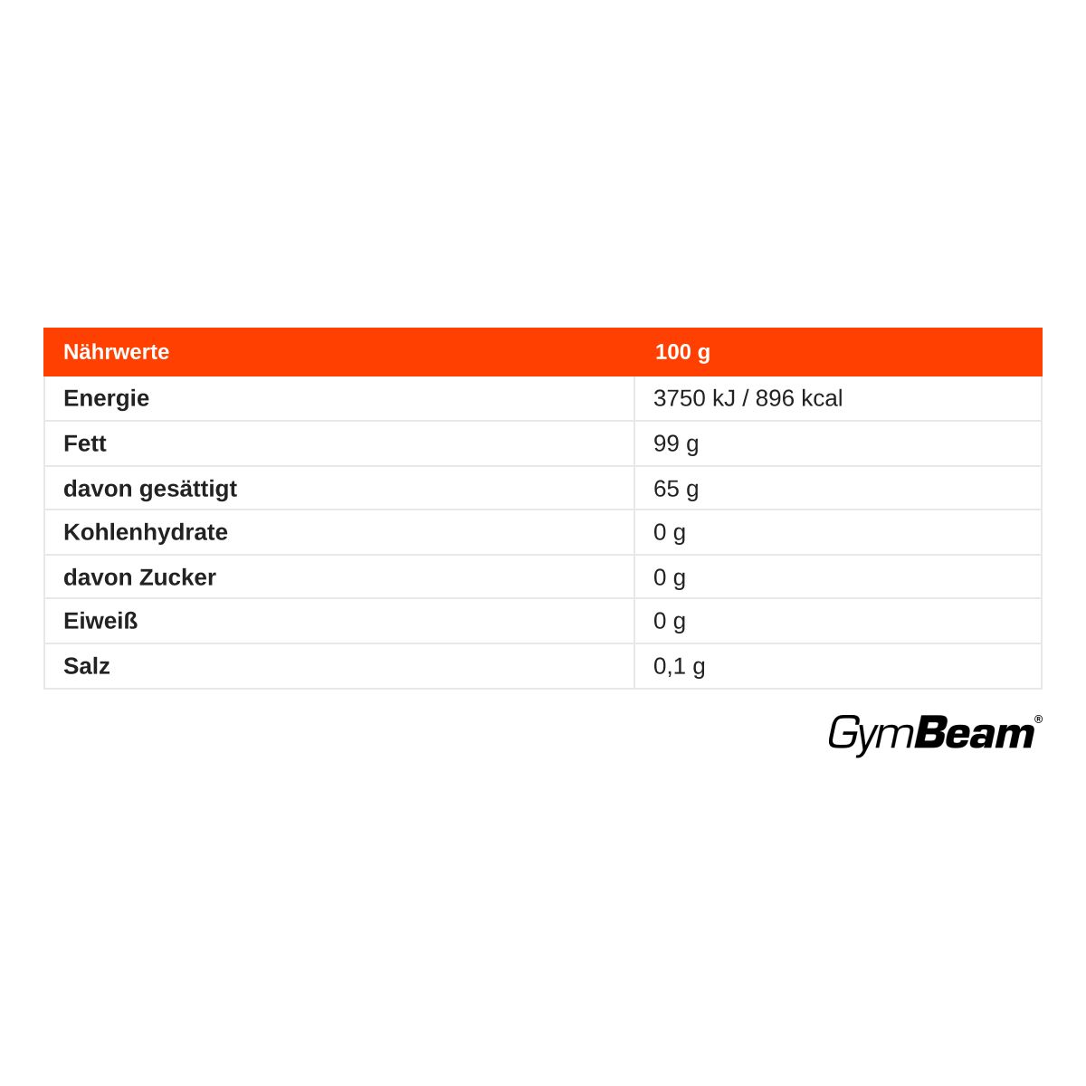 Nährwertangaben für 100g: Energie 896 kcal, Fett 99g (davon gesättigt 65g), Kohlenhydrate 0g, Eiweiß 0g, Salz 0,1g.