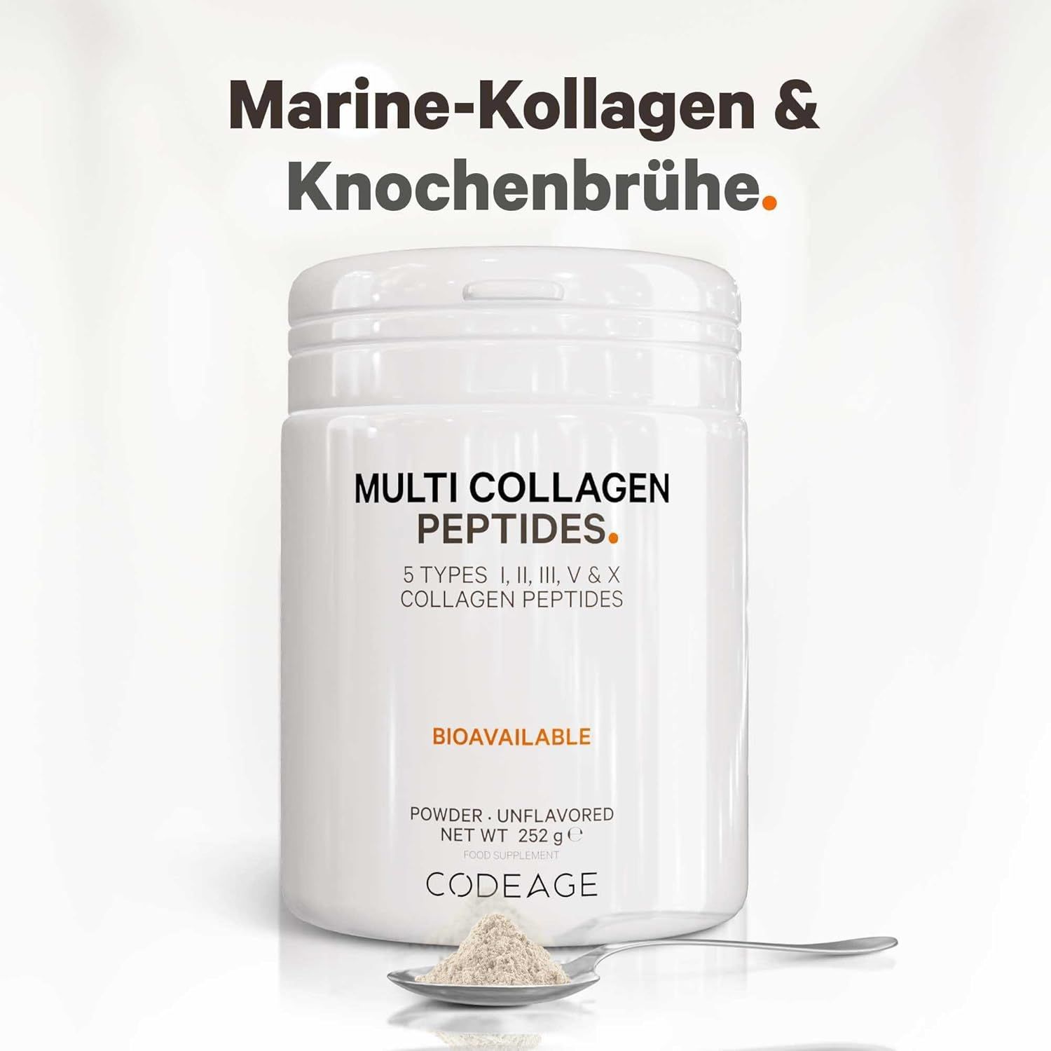 Weißer Behälter mit 'MULTI COLLAGEN PEPTIDES' und Löffel mit Pulver. Text: 5 Kollagentypen. Marke: CODEAGE.