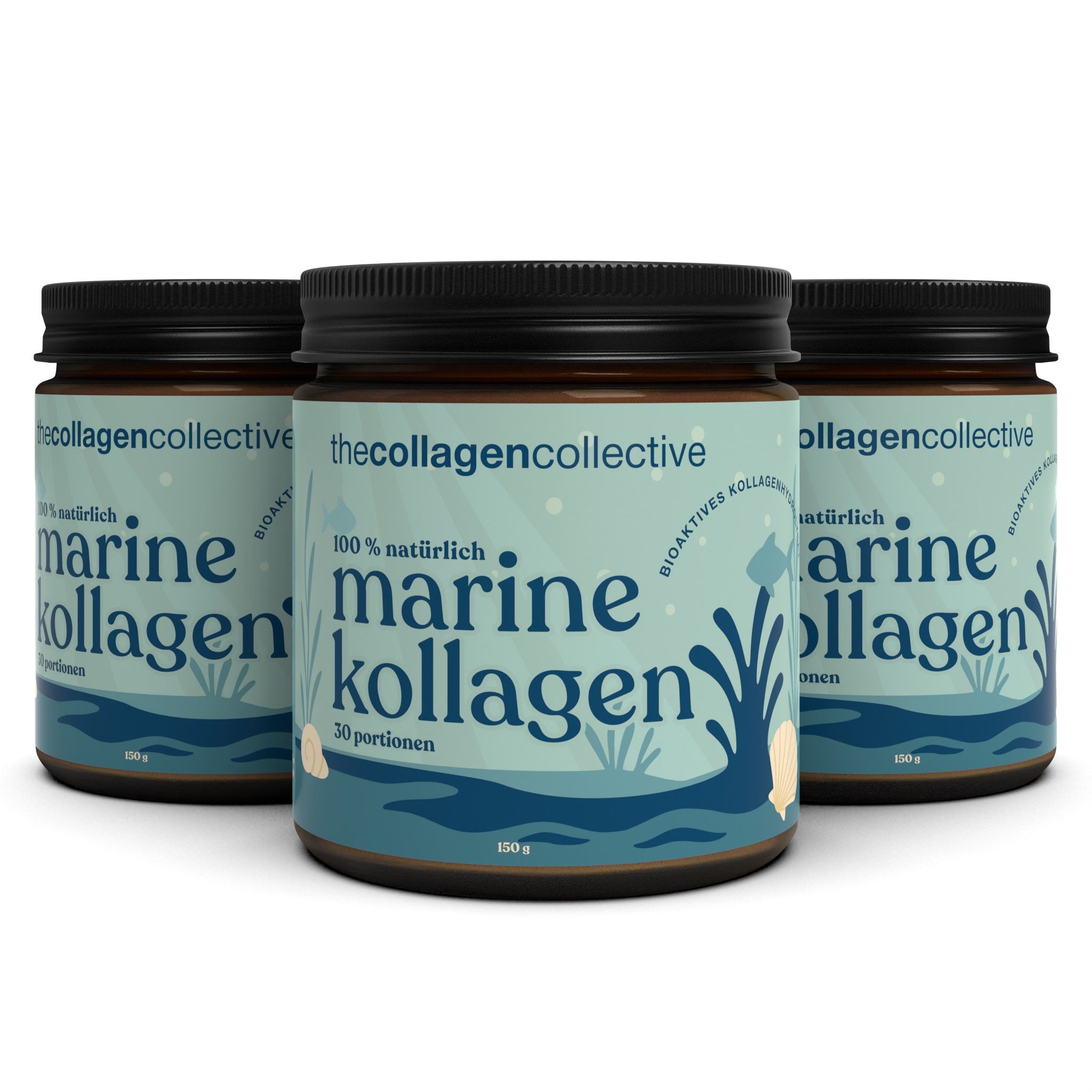 Drei braune Gläser mit schwarzem Deckel. Aufschrift: Marine Kollagen, 100% natürlich, 150g. Marke: thecollagencollective.