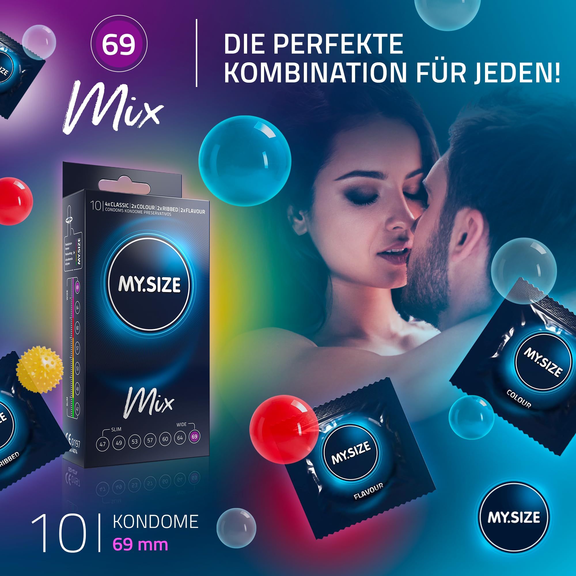 Packung mit 10 MY.SIZE 69mm Kondomen, Mix-Sortiment mit verschiedenen Sorten.