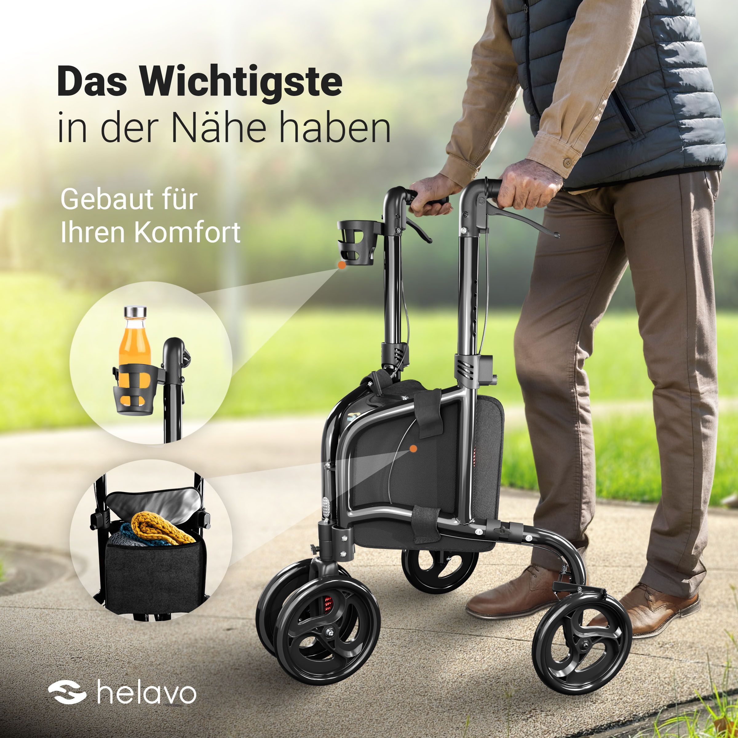 Mann benutzt einen schmalen Rollator mit Getränkehalter und Tasche.