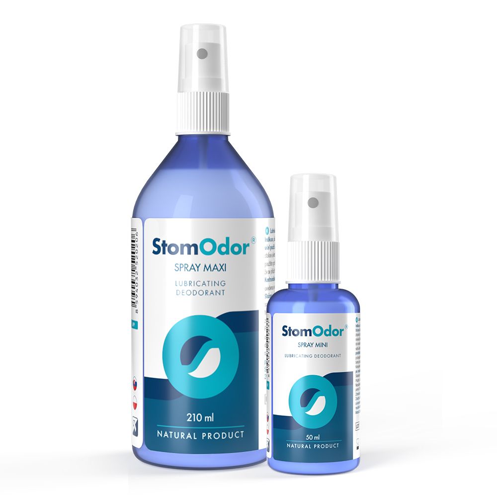 Zwei blaue Sprays mit weißen Sprühköpfen. Aufschrift: StomOdor Spray Maxi und Mini. 210 ml und 30 ml.