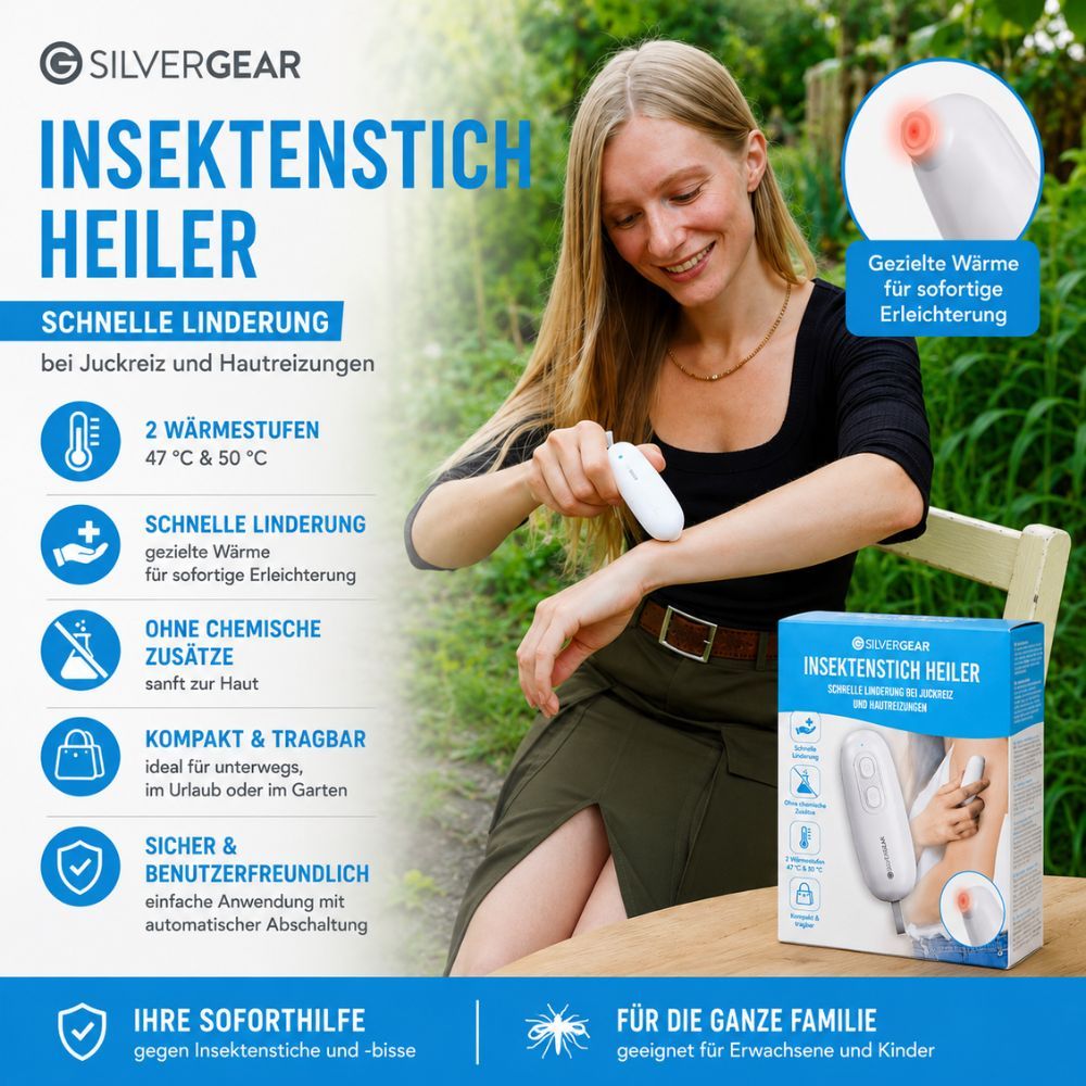 Frau nutzt Silvergear Insektenstichheiler am Arm. Gerät weiß, mit zwei Knöpfen. Verpackung daneben.
