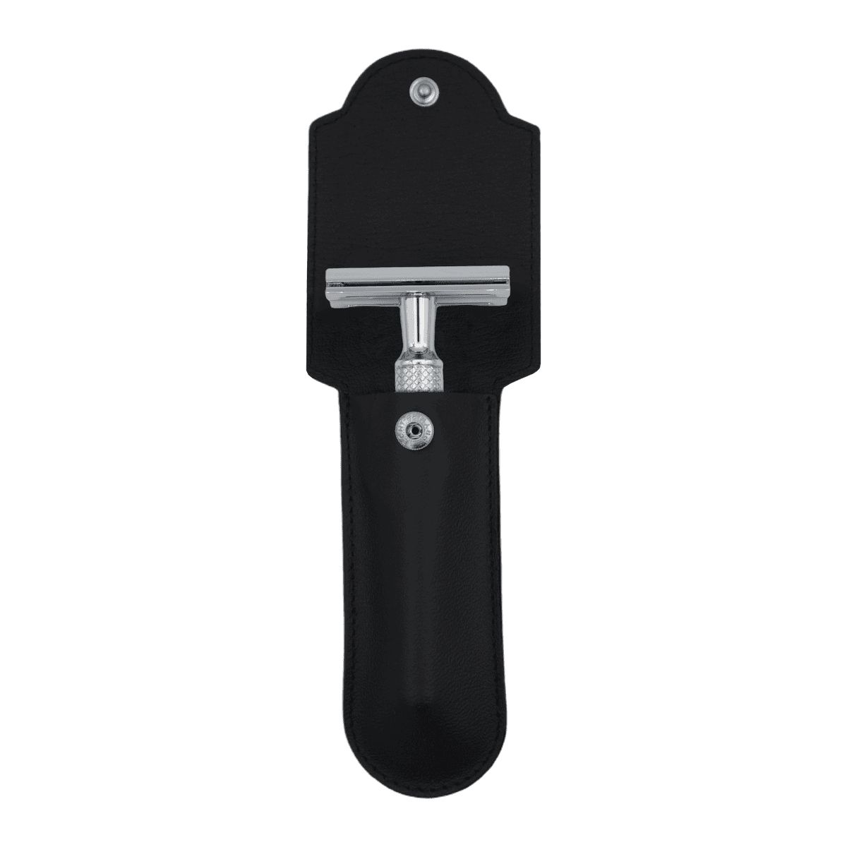 Schwarzes Lederetui mit Sicherheitsrasierer. Etui mit Druckknopfverschluss. Rasierer aus Metall.