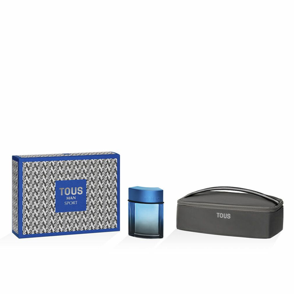 Geschenkset mit Flakon, Etui und Box. Box mit blau-weißem Muster, Flakon blau, Etui grau. Tous Man Sport.