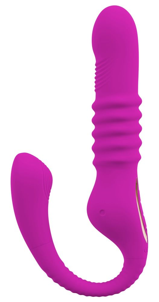 Lila Vibrator mit Klitoris-Stimulationsarm. Geriffelte Oberfläche am Schaft, gebogene Form.