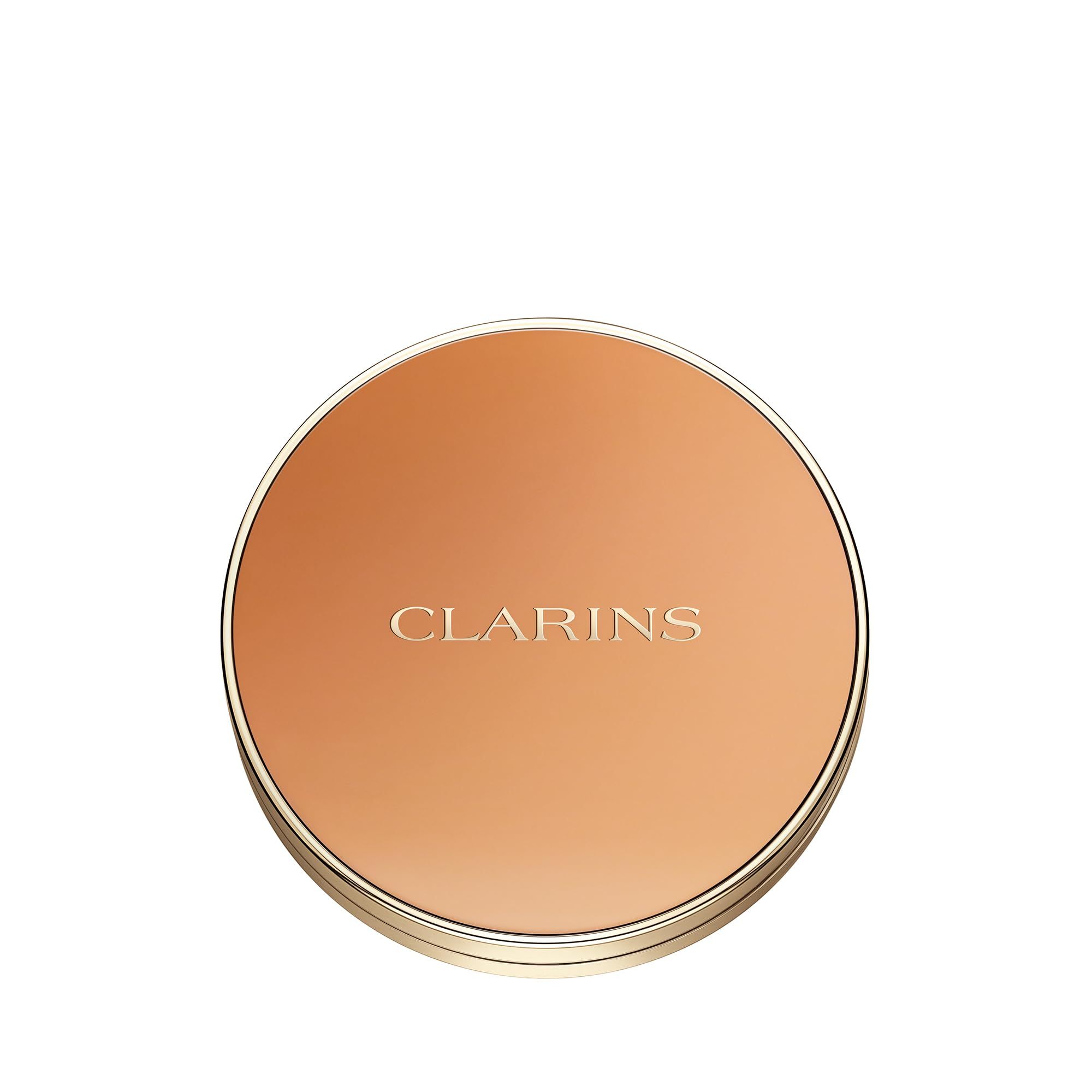 EVER BRONZE duo poudre bronzante 02. Runde, geschlossene Puder-Kompakt-Make-up-Palette. Marke Clarins. Goldfarbenes Gehäuse.