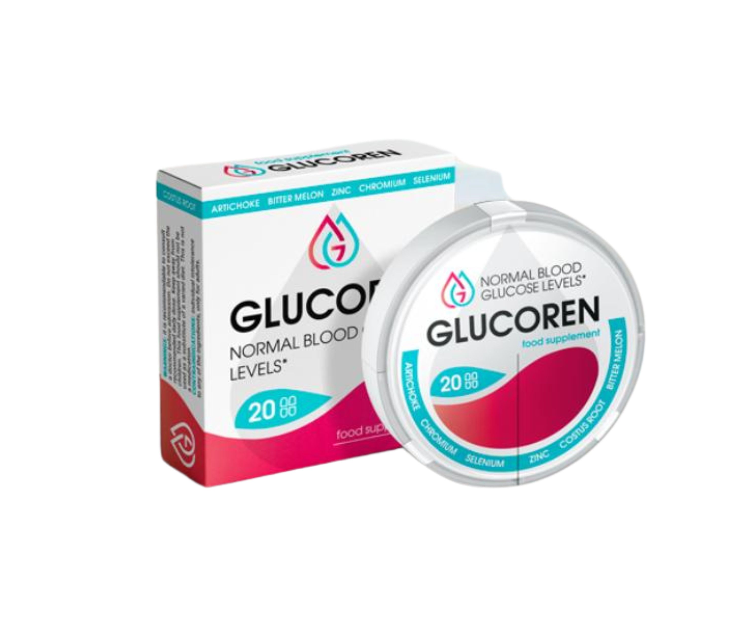Glucoren-Verpackung und -Tablettenbehälter. Aufschrift: Glucoren, normale Blutzuckerwerte. Enthält 20 Tabletten.