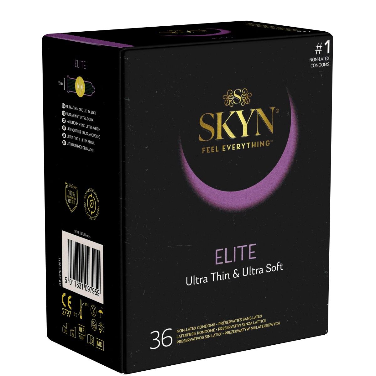 Schwarze Verpackung SKYN Elite. Text: Ultra Thin & Ultra Soft. 36 Stück.  '#1 Non-Latex Kondome'. CE-Kennzeichnung.
