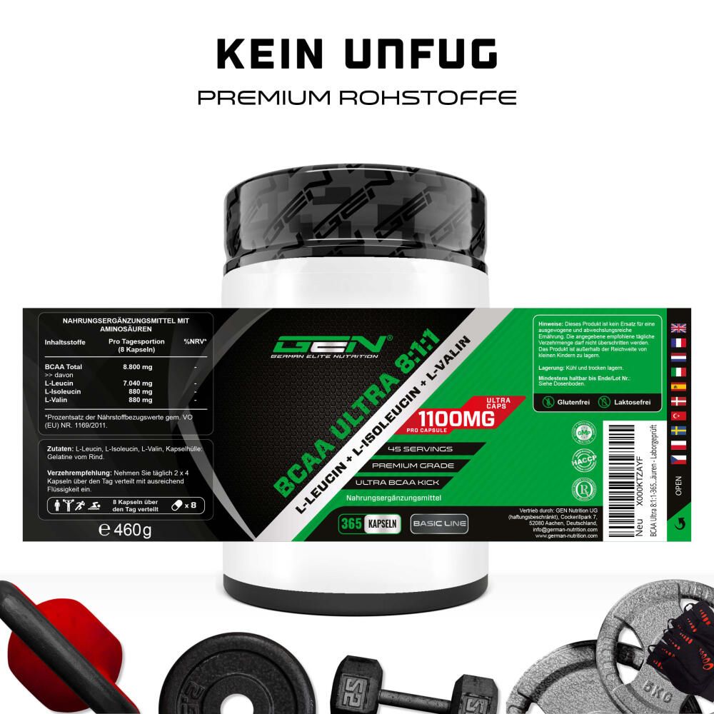 Produktverpackung von BCAA Ultra 8:1:1. Enthält Informationen zu Inhaltsstoffen und Dosierung.