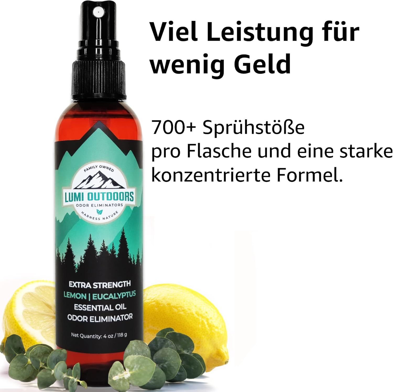 Produktflasche neben Zitronen und Eukalyptus. Text: 700+ Sprühstöße pro Flasche und eine starke konzentrierte Formel.