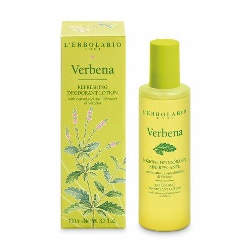 Gelbe Flasche und Schachtel mit Aufschrift "Verbena" und Pflanzenabbildung. Produkt: Deo-Spray.