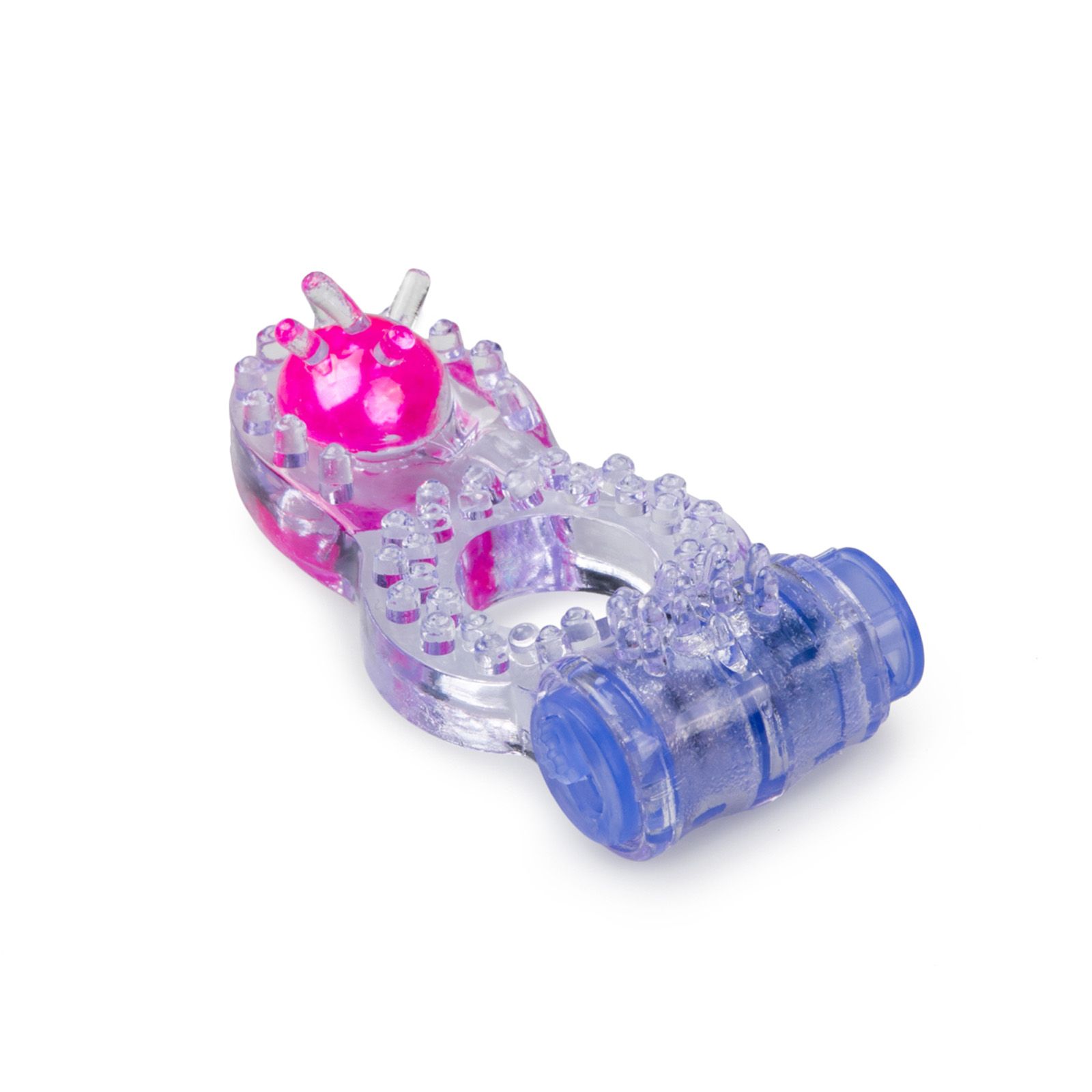 Transparenter Penisring mit rosa und blauen Elementen. Mit Noppen und einem Vibrationsmodul.